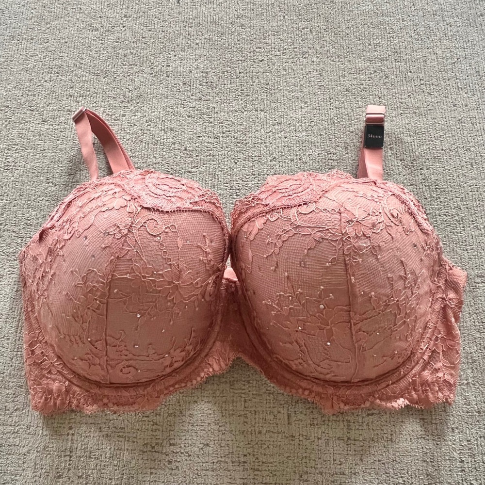 Victorias Secret Lined Demi Bra 34DDD Pink Floral Lace Rhinestone Underwire